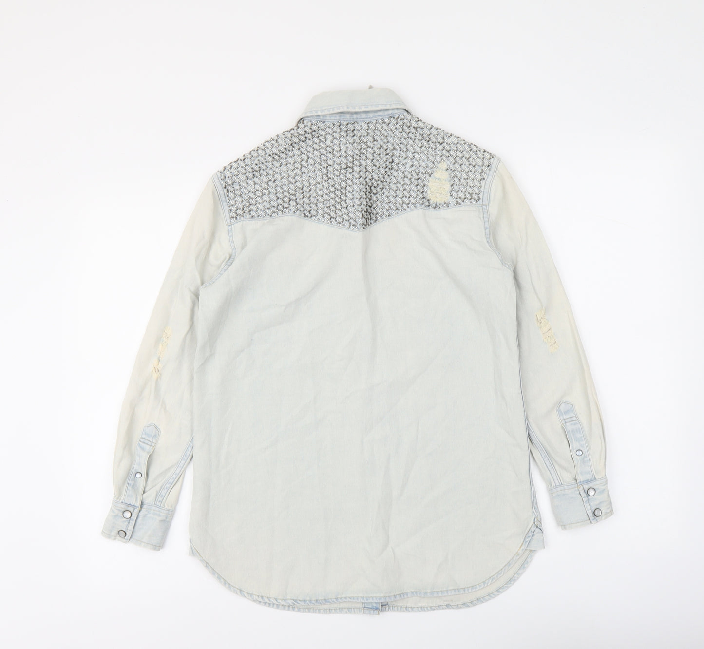 AllSaints Womens Blue Cotton Basic Button-Up Size 6 Collared - Distressed Detail