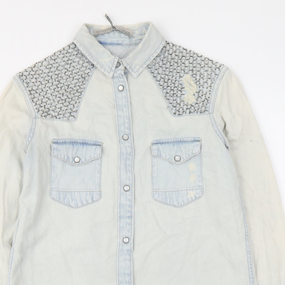 AllSaints Womens Blue Cotton Basic Button-Up Size 6 Collared - Distressed Detail