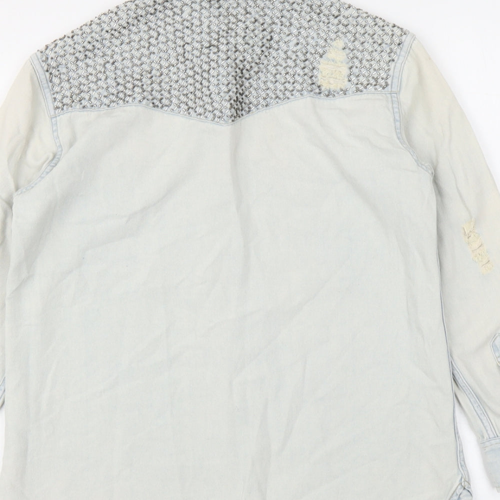AllSaints Womens Blue Cotton Basic Button-Up Size 6 Collared - Distressed Detail