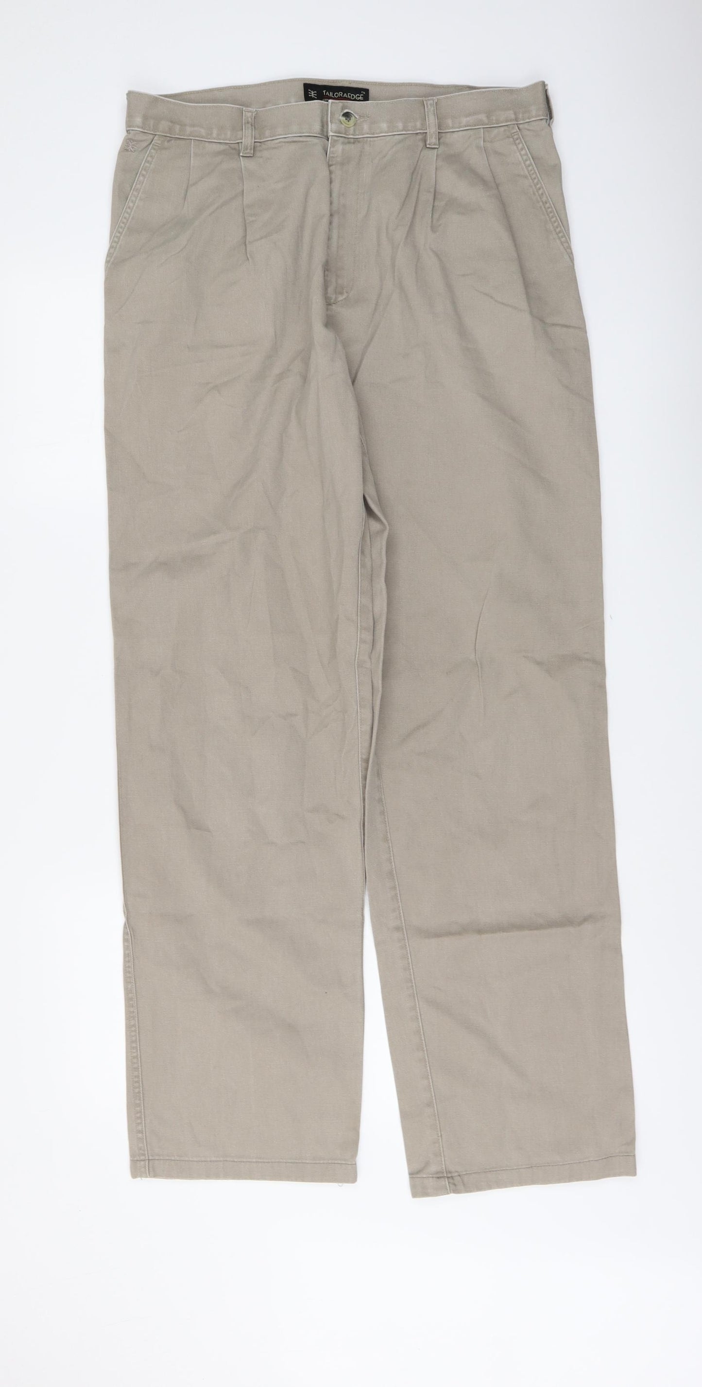 Tailoraedge Mens Beige Cotton Chino Trousers Size 34 in L32 in Regular Button