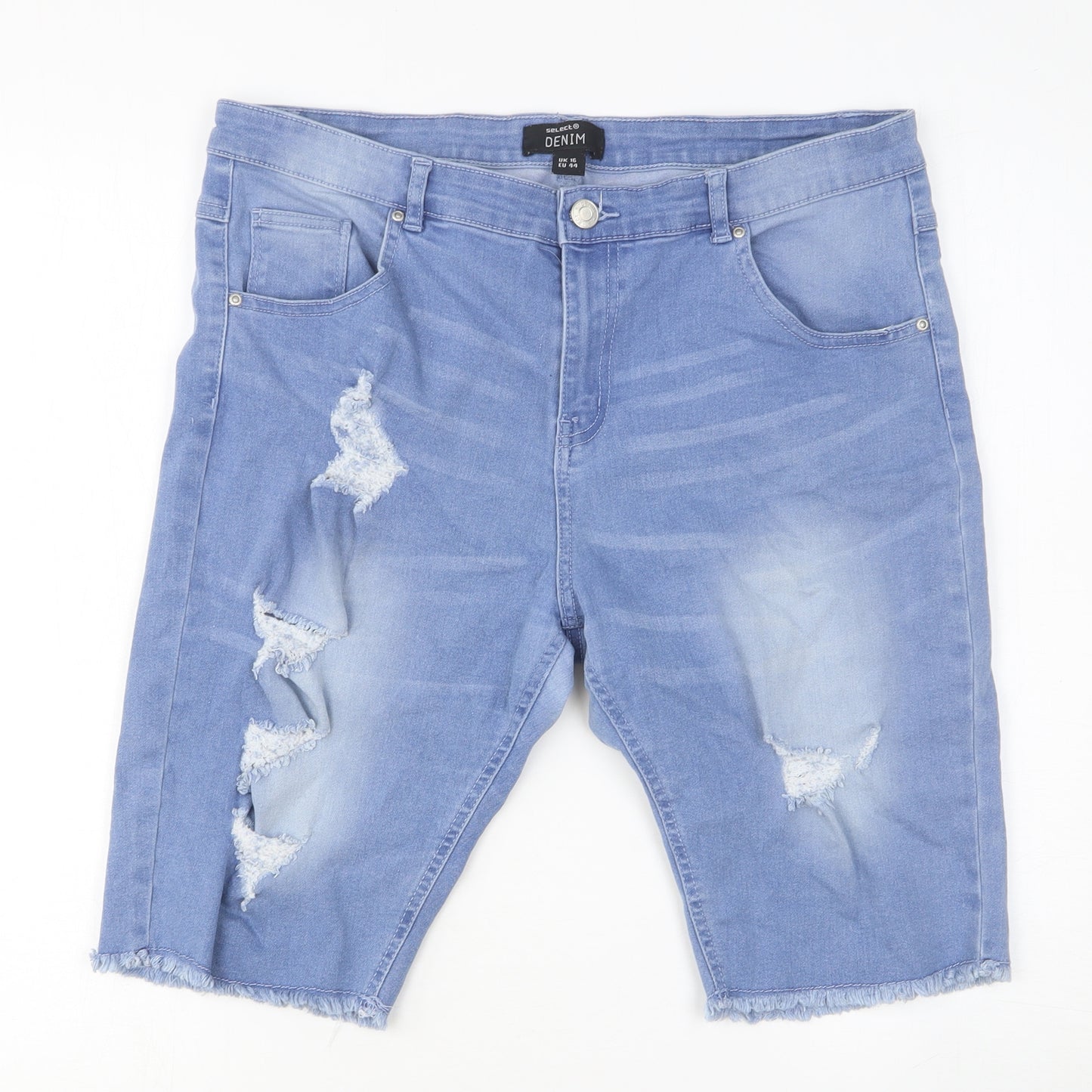 Select Womens Blue Cotton Bermuda Shorts Size 14 Regular Button