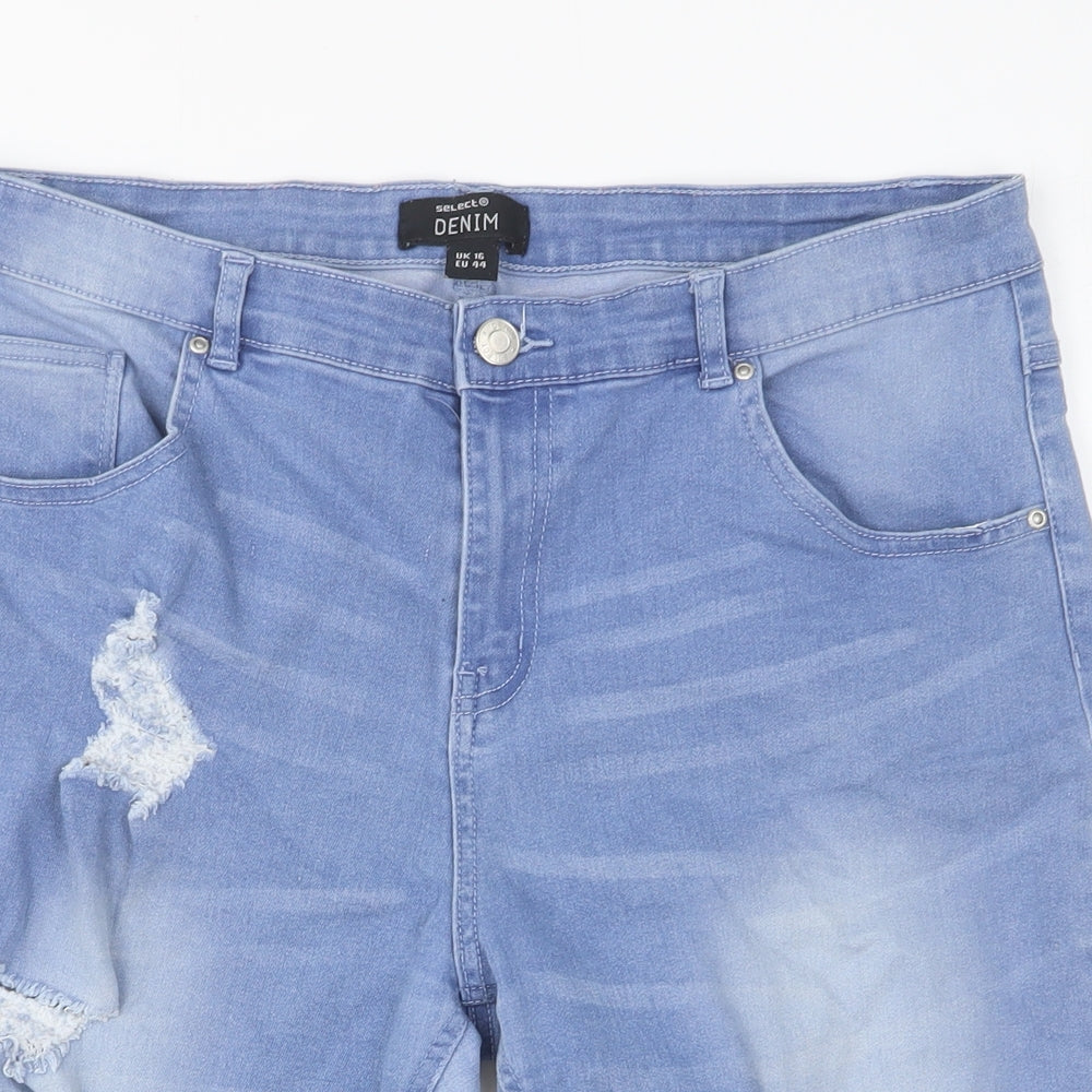 Select Womens Blue Cotton Bermuda Shorts Size 14 Regular Button