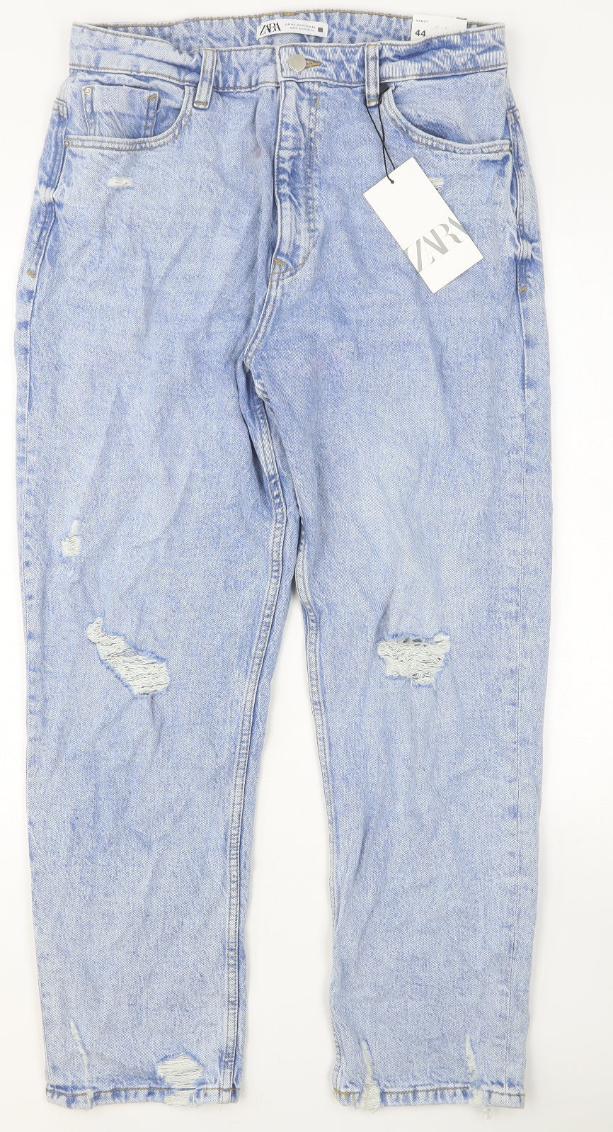 Zara Womens Blue Cotton Straight Jeans Size 16 Relaxed Button