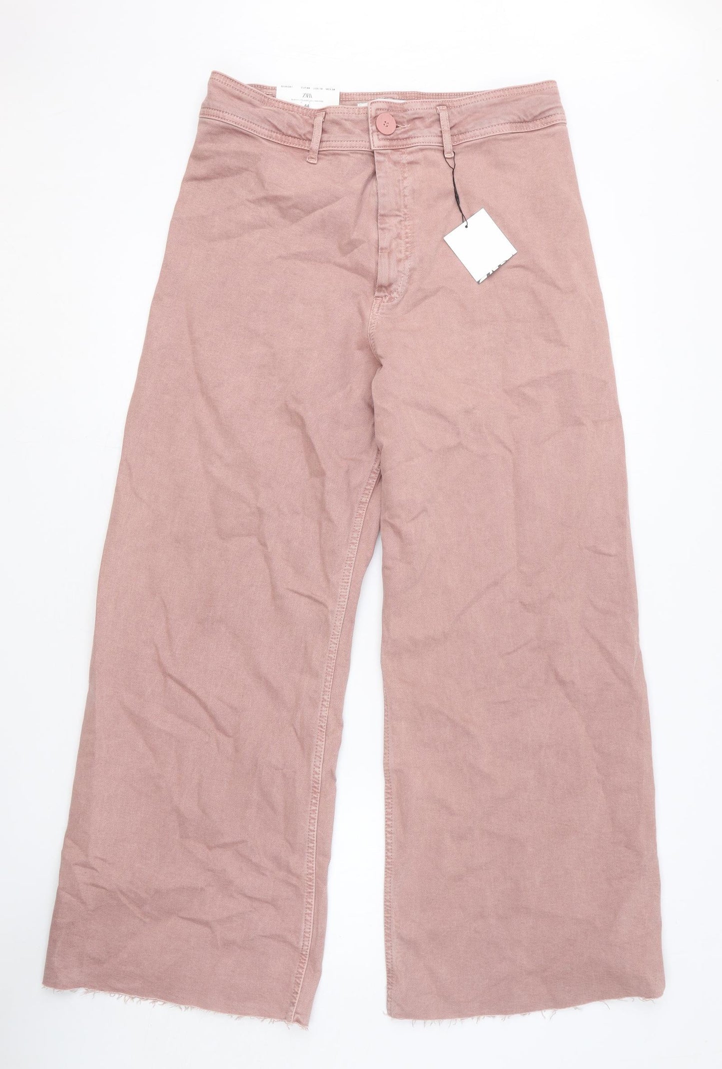 Zara Womens Pink Cotton Wide-Leg Jeans Size 16 Relaxed Button
