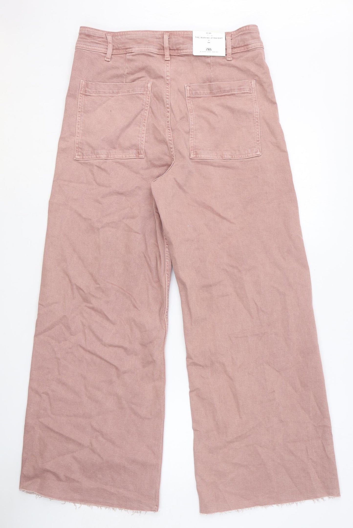 Zara Womens Pink Cotton Wide-Leg Jeans Size 16 Relaxed Button