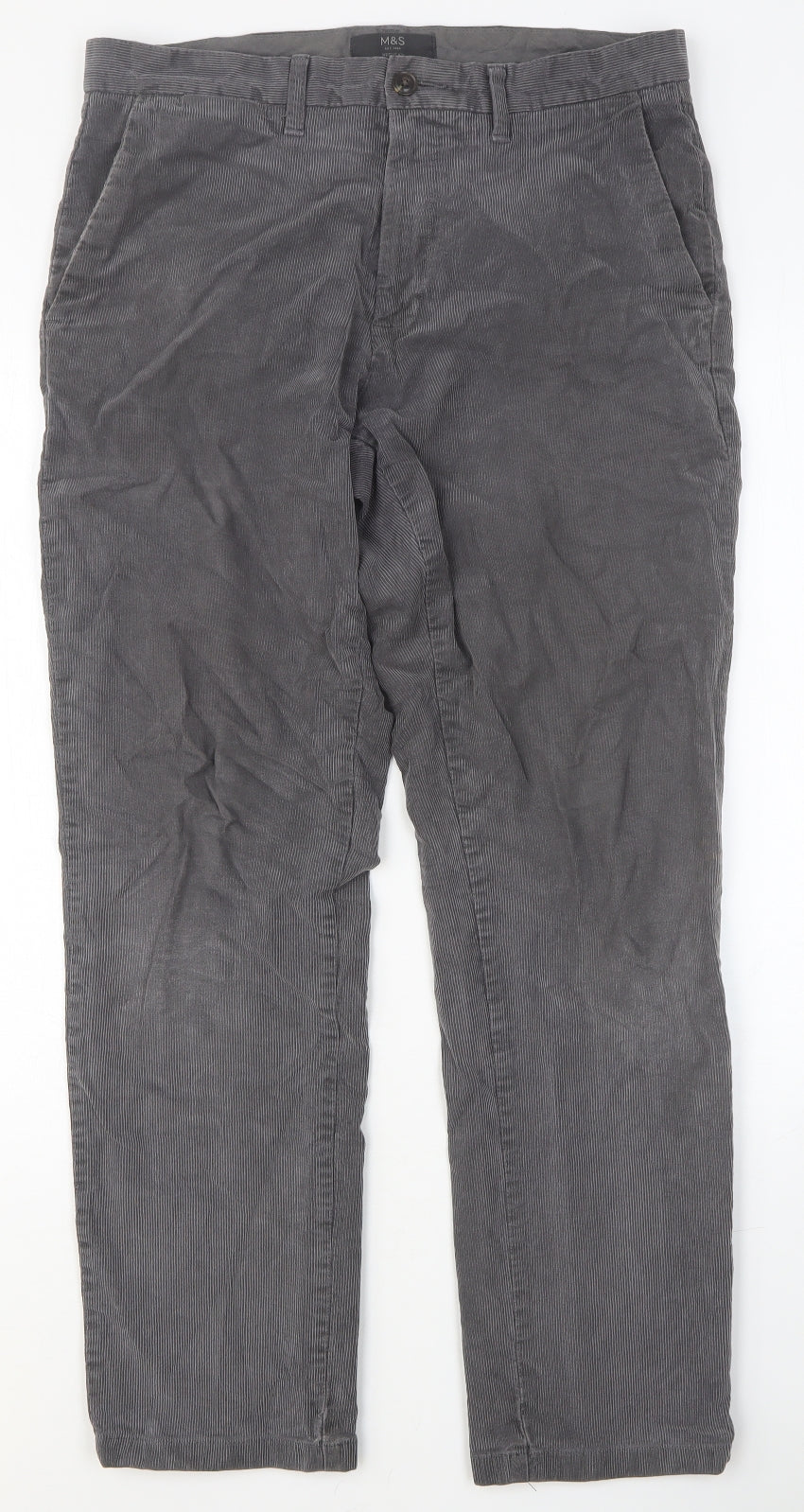 Marks and Spencer Mens Grey Cotton Trousers Size 32 in Regular Button