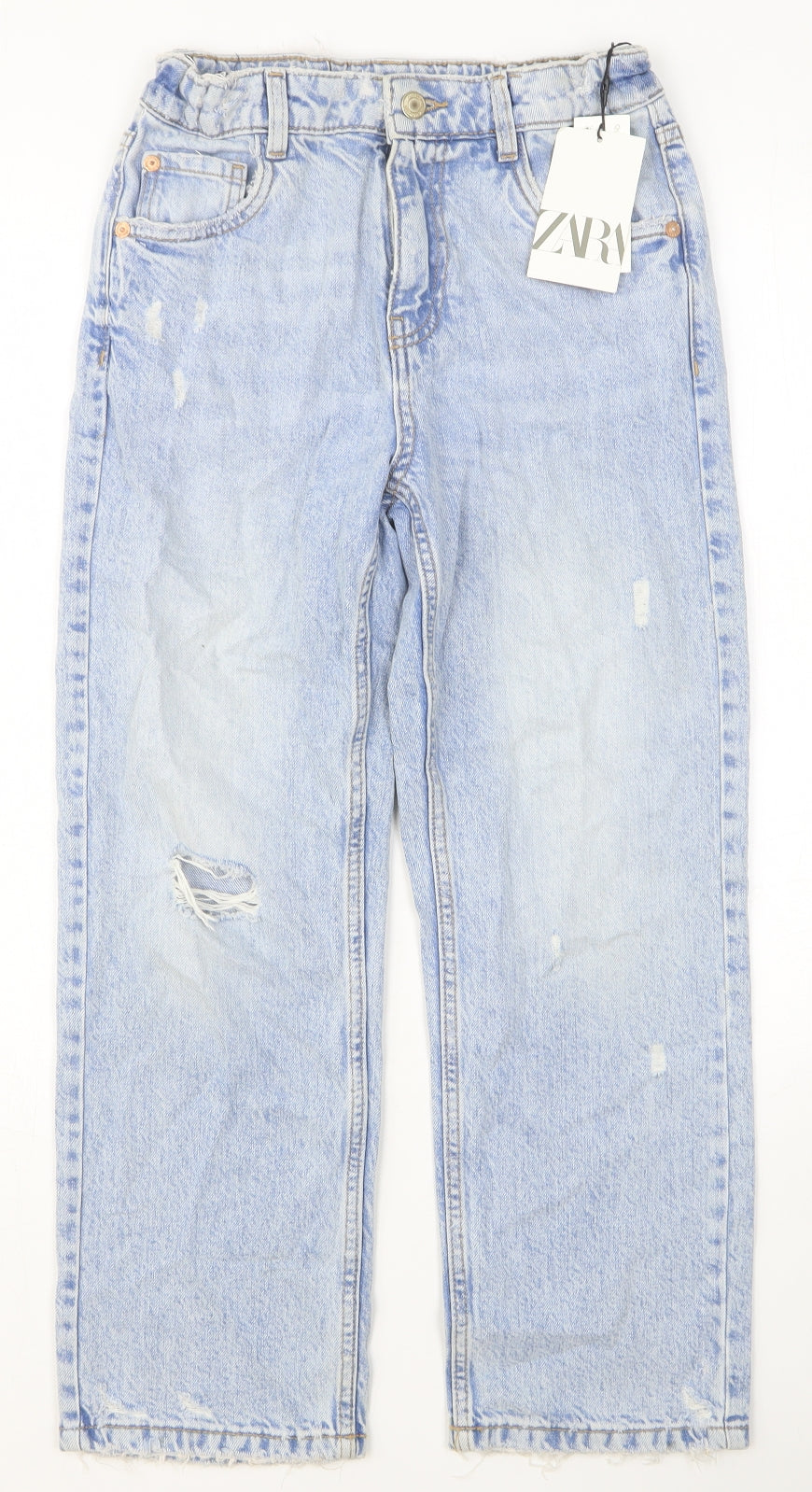 Zara Girls Blue Cotton Straight Jeans Size 13-14 Years Regular Button - Distressed