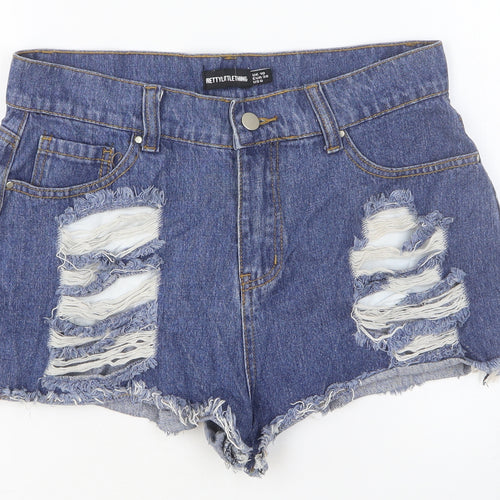 PRETTYLITTLETHING Womens Blue Cotton Cut-Off Shorts Size 10 Regular Button