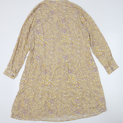 Milano Womens Yellow Geometric Viscose A-Line Size 10 V-Neck Button