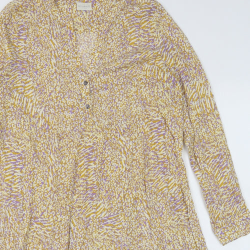 Milano Womens Yellow Geometric Viscose A-Line Size 10 V-Neck Button