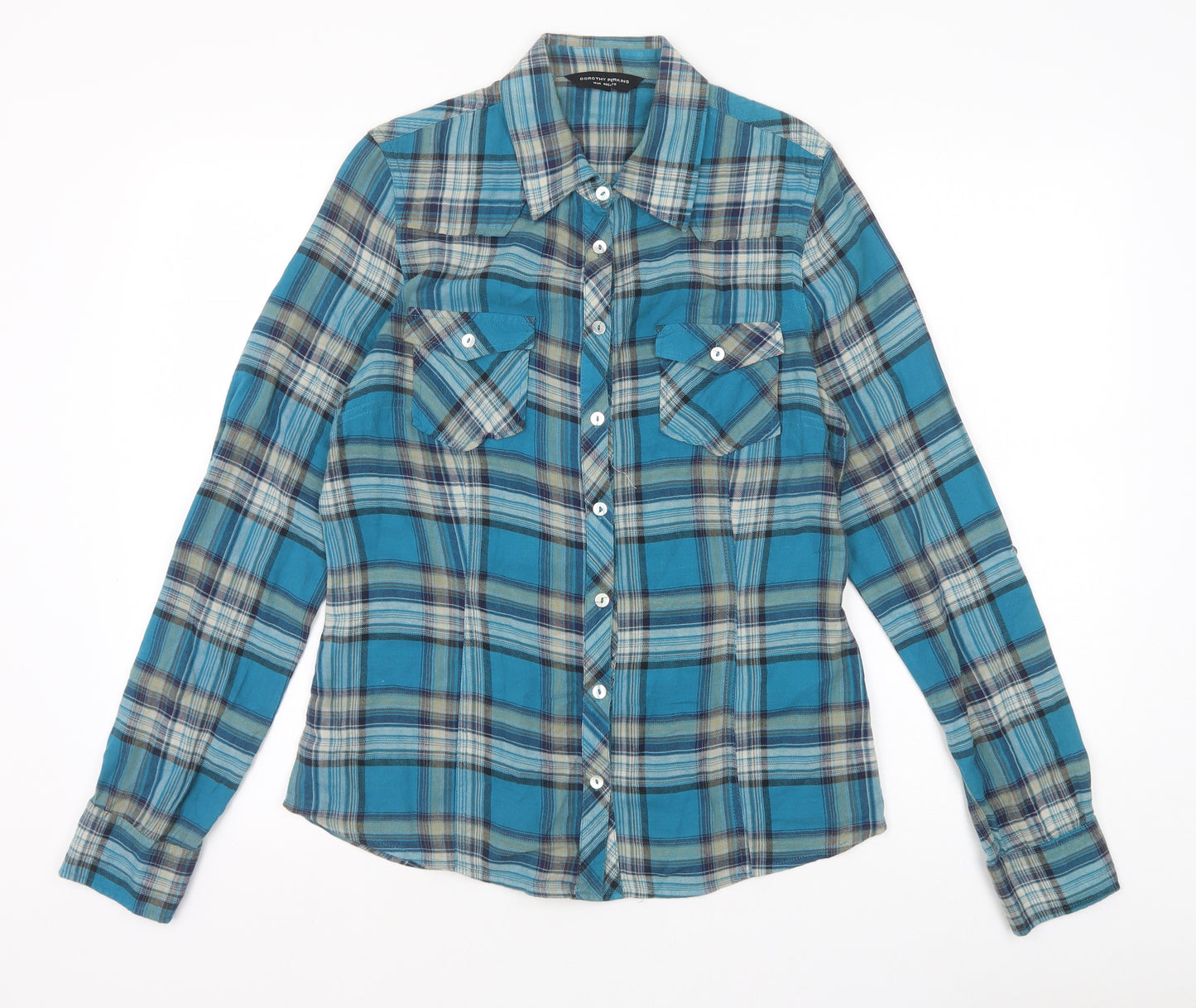 Dorothy Perkins Womens Blue Plaid 100% Cotton Basic Button-Up Size 14 Collared