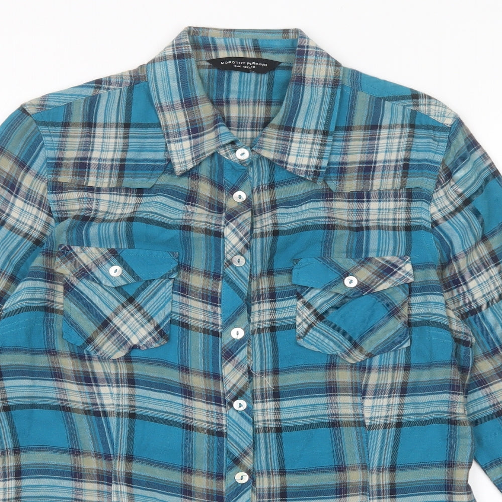 Dorothy Perkins Womens Blue Plaid 100% Cotton Basic Button-Up Size 14 Collared