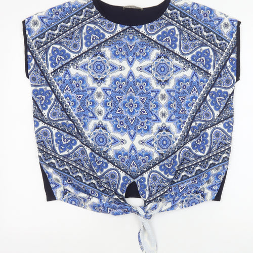 Oasis Womens Blue Geometric Viscose Basic Blouse Size M Round Neck - Knot Front