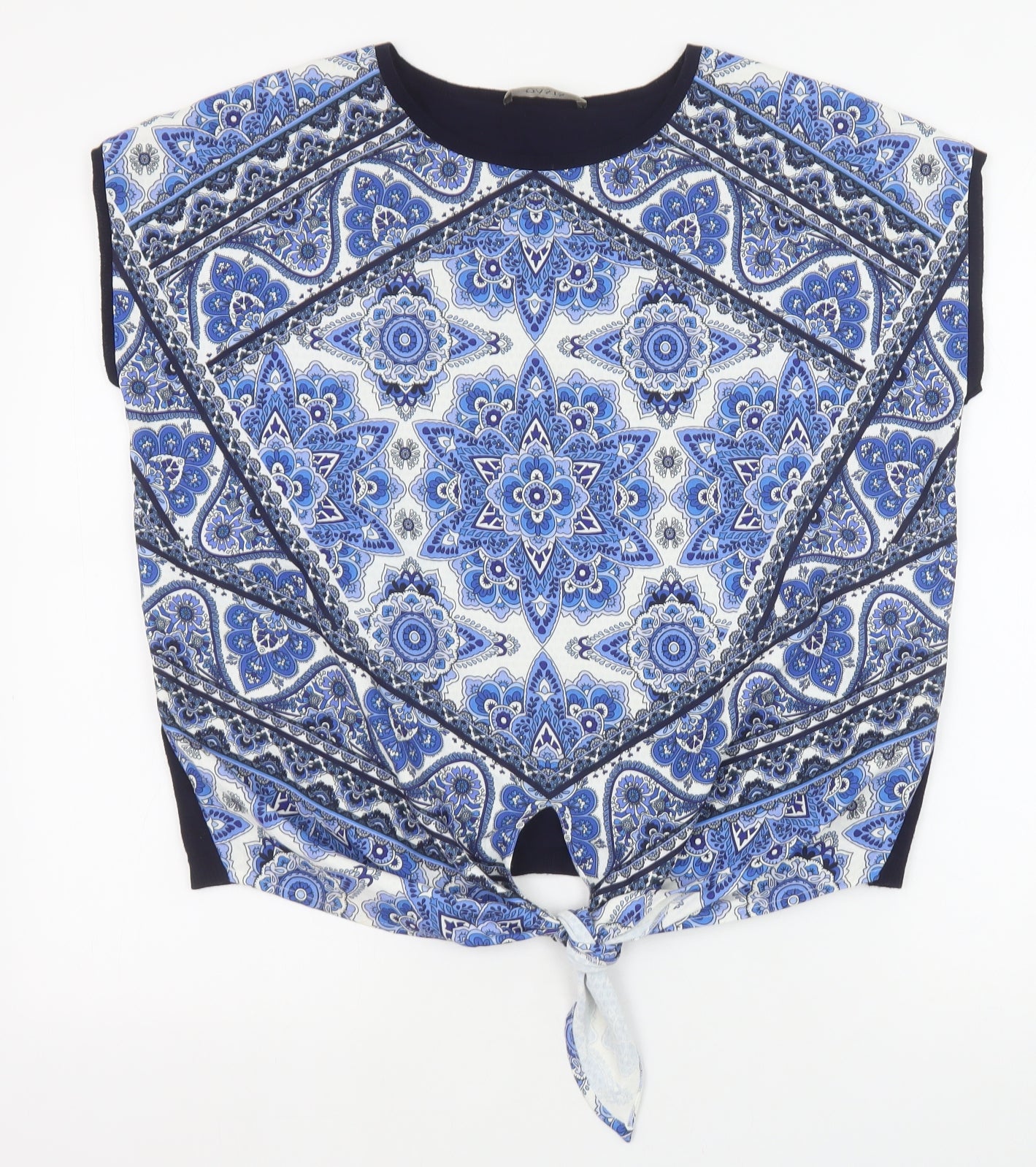 Oasis Womens Blue Geometric Viscose Basic Blouse Size M Round Neck - Knot Front