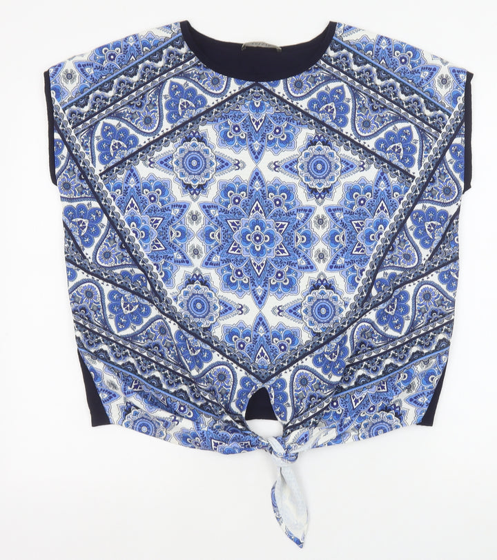 Oasis Womens Blue Geometric Viscose Basic Blouse Size M Round Neck - Knot Front