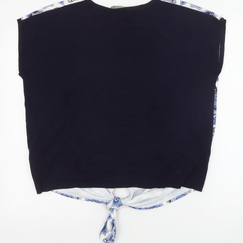 Oasis Womens Blue Geometric Viscose Basic Blouse Size M Round Neck - Knot Front