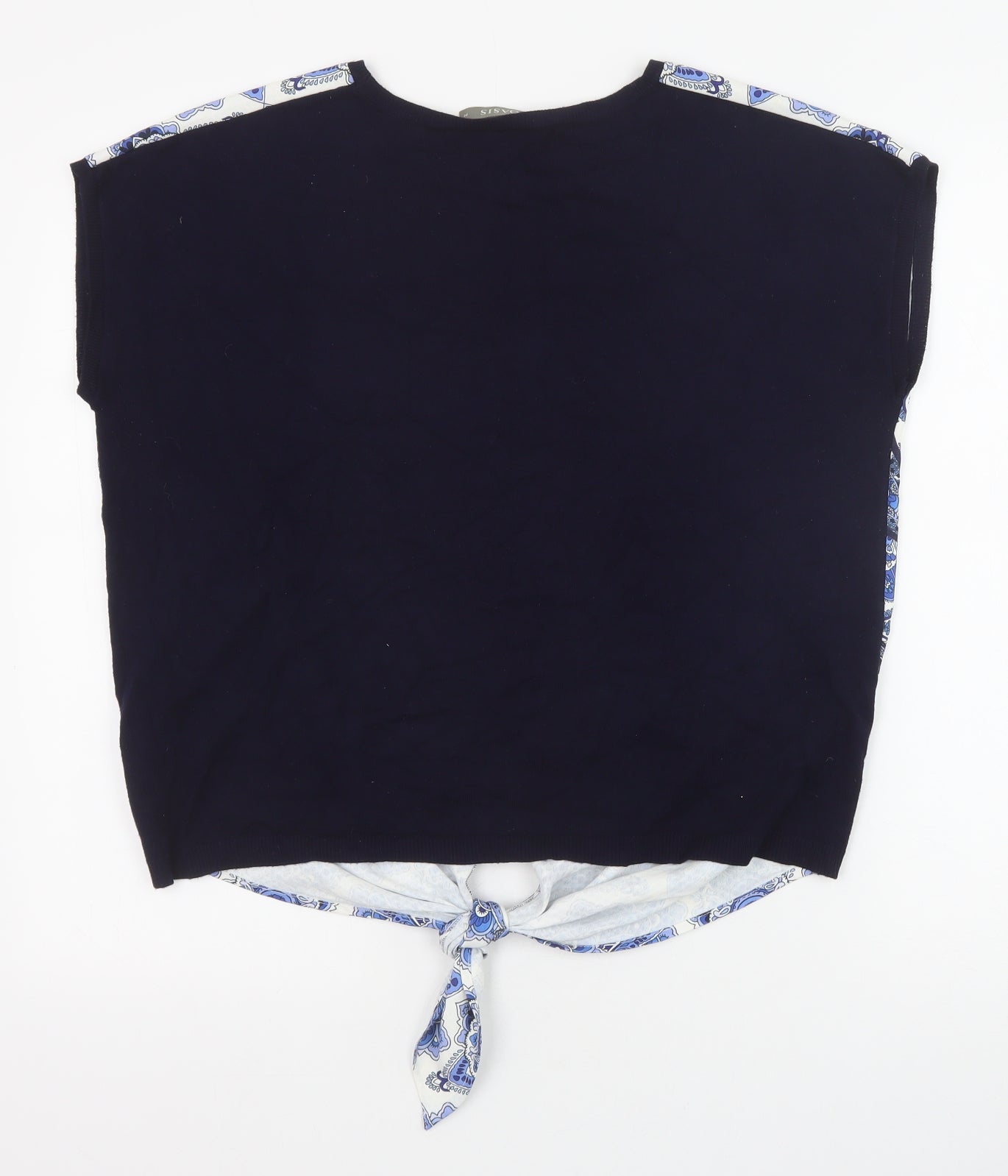 Oasis Womens Blue Geometric Viscose Basic Blouse Size M Round Neck - Knot Front