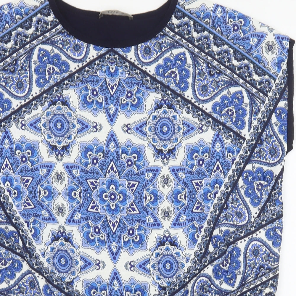 Oasis Womens Blue Geometric Viscose Basic Blouse Size M Round Neck - Knot Front