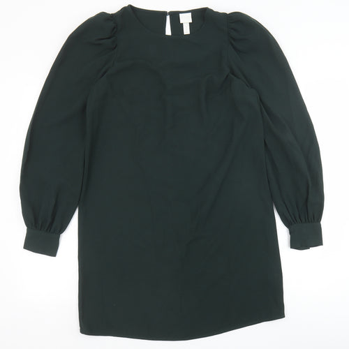 H&M Womens Green Polyester Shift Size S Round Neck Button