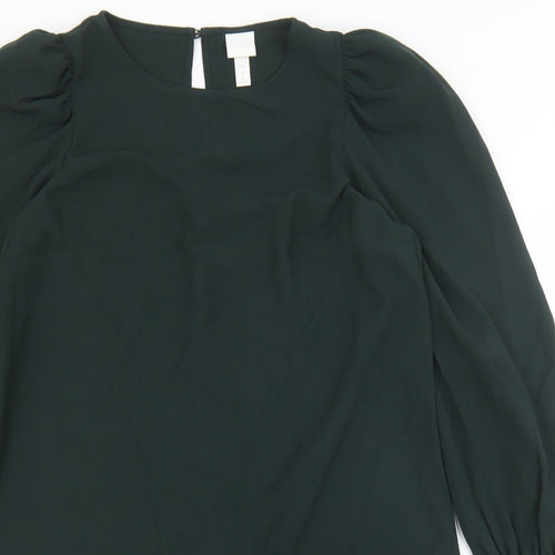 H&M Womens Green Polyester Shift Size S Round Neck Button