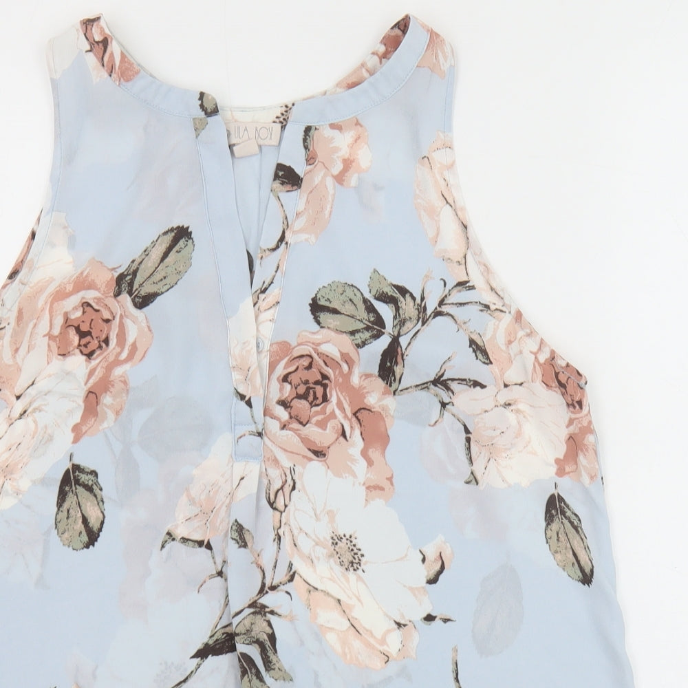 Lila Rose Womens Blue Floral Polyester Basic Tank Size M Boat Neck