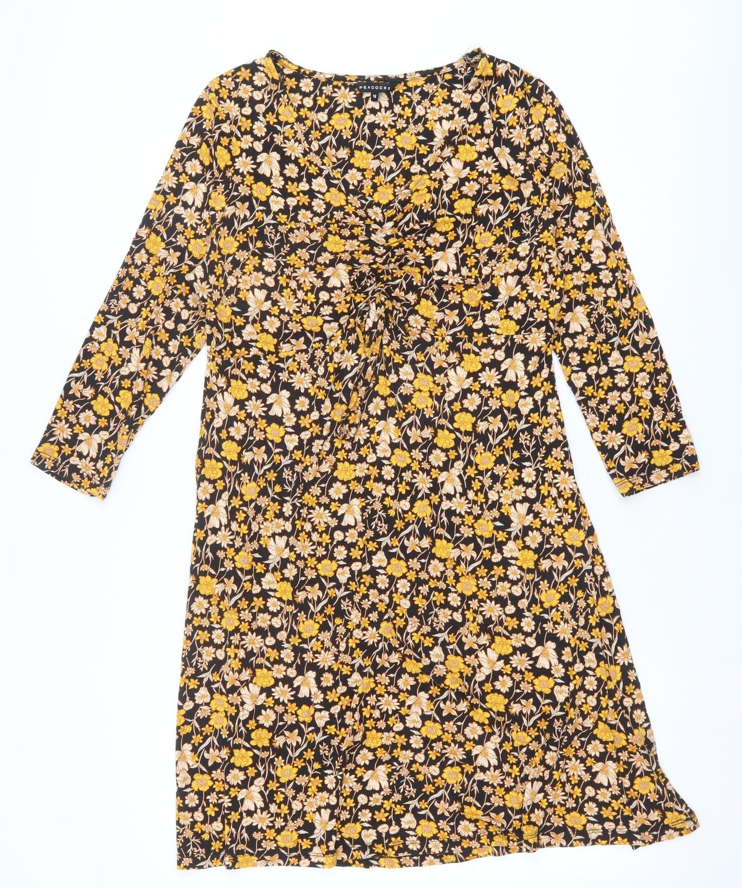 Peacocks Womens Yellow Floral Viscose A-Line Size 16 V-Neck Pullover