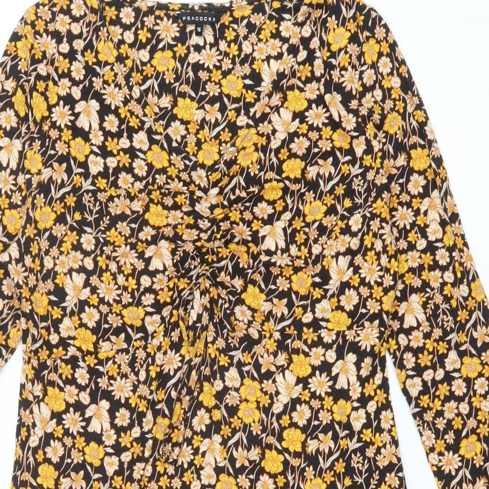 Peacocks Womens Yellow Floral Viscose A-Line Size 16 V-Neck Pullover
