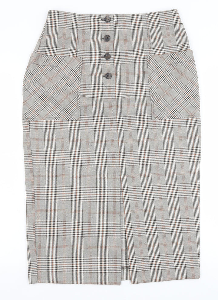 Primark Womens Brown Plaid Polyester Straight & Pencil Skirt Size 12 Button
