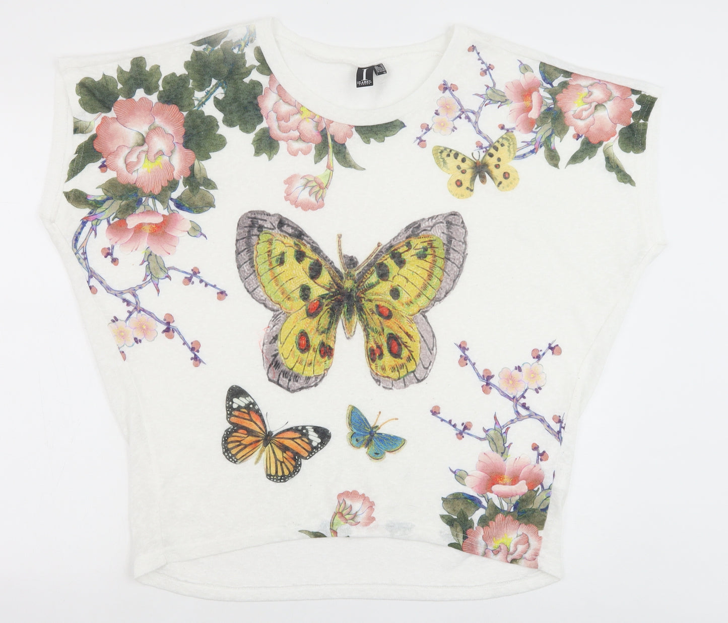 Izabel Womens White Floral Polyester Basic T-Shirt Size 14 Scoop Neck - Butterfly