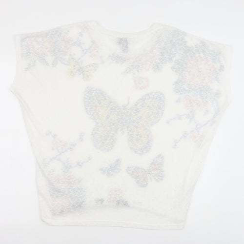 Izabel Womens White Floral Polyester Basic T-Shirt Size 14 Scoop Neck - Butterfly