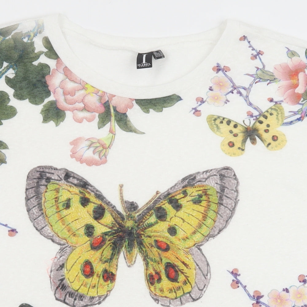 Izabel Womens White Floral Polyester Basic T-Shirt Size 14 Scoop Neck - Butterfly