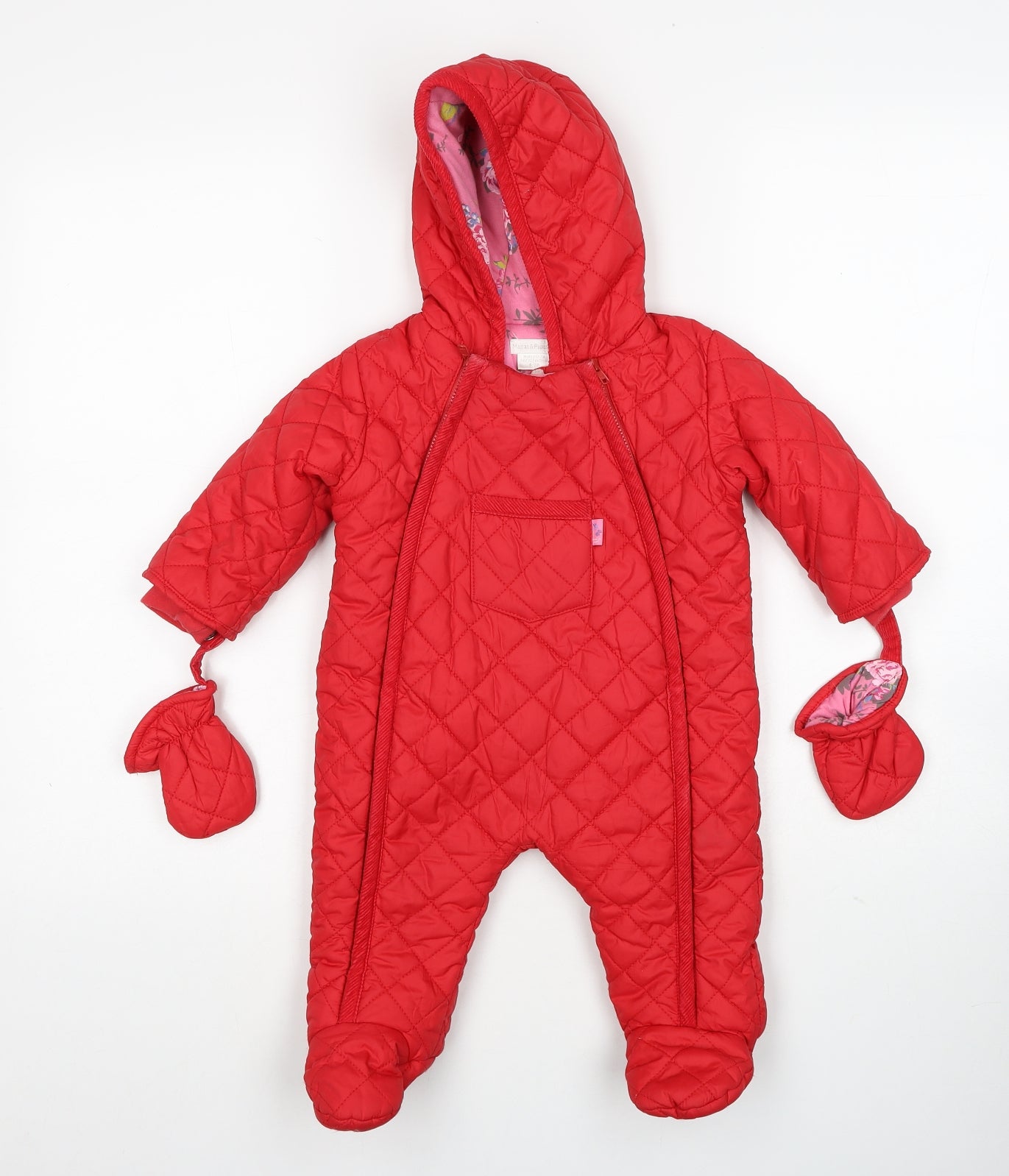 mamas & papas Girls Red Basic Coat Snowsuit Size 6-9 Months Zip - Mittens Included
