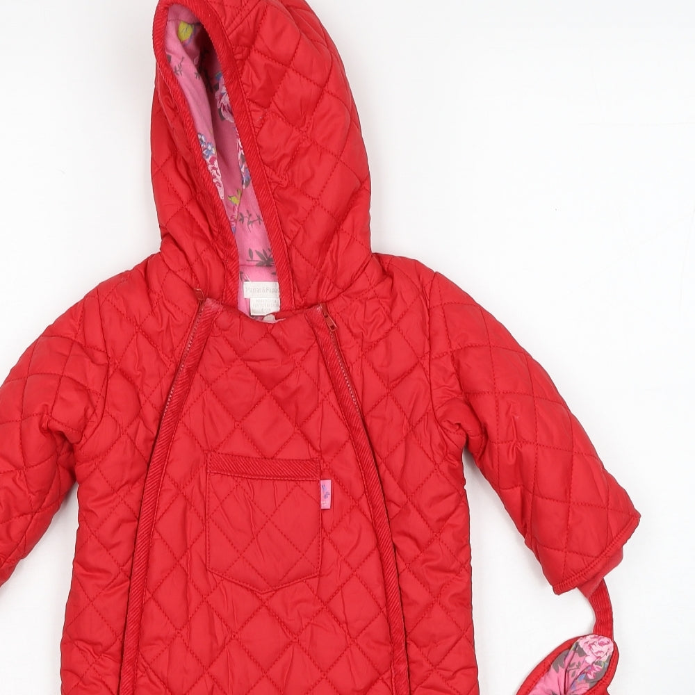 mamas & papas Girls Red Basic Coat Snowsuit Size 6-9 Months Zip - Mittens Included