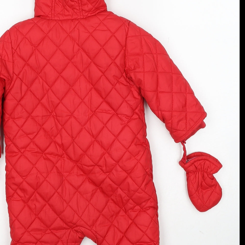 mamas & papas Girls Red Basic Coat Snowsuit Size 6-9 Months Zip - Mittens Included