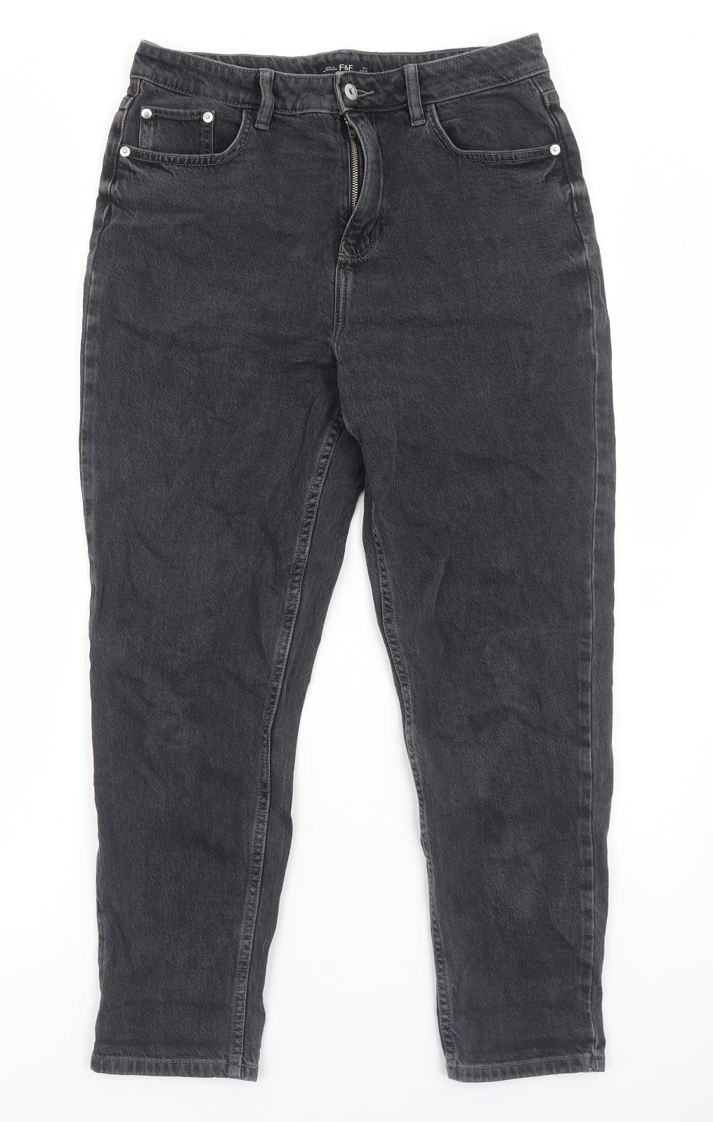 F&F Womens Black Cotton Straight Jeans Size 12 Regular Zip