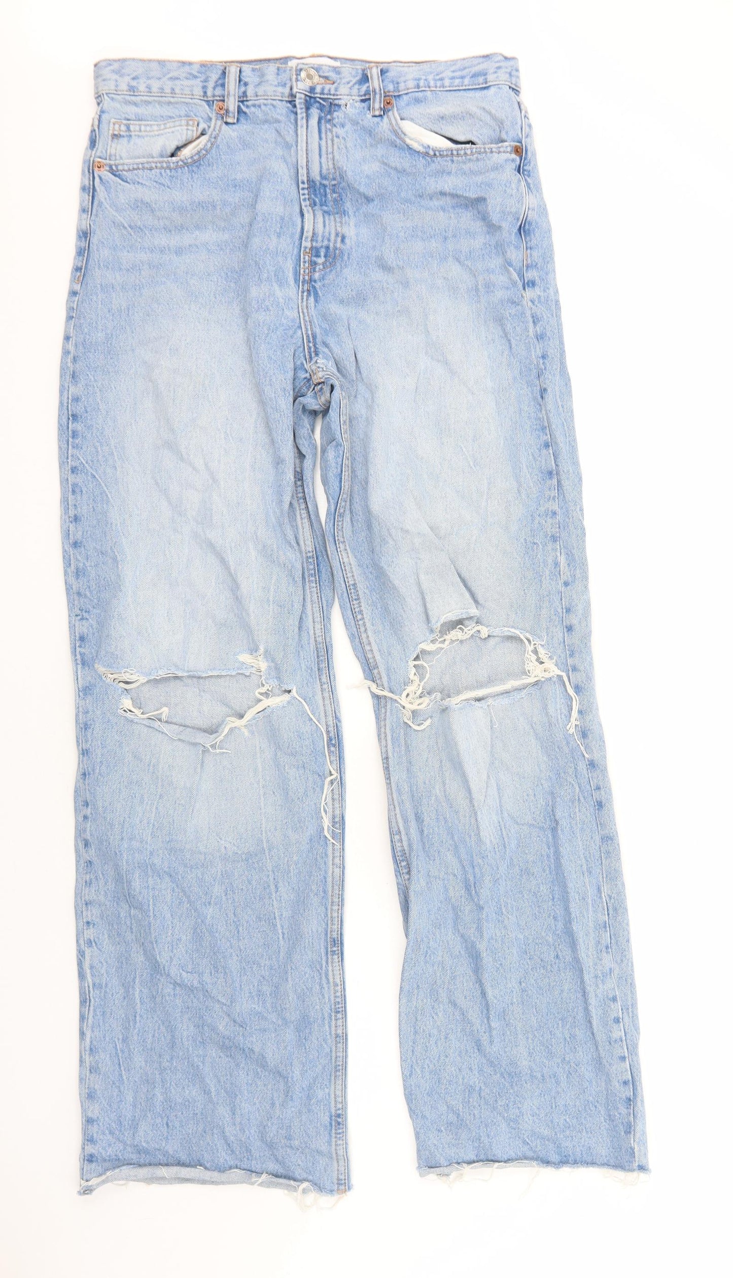 Zara Womens Blue Cotton Straight Jeans Size 14 Regular Zip