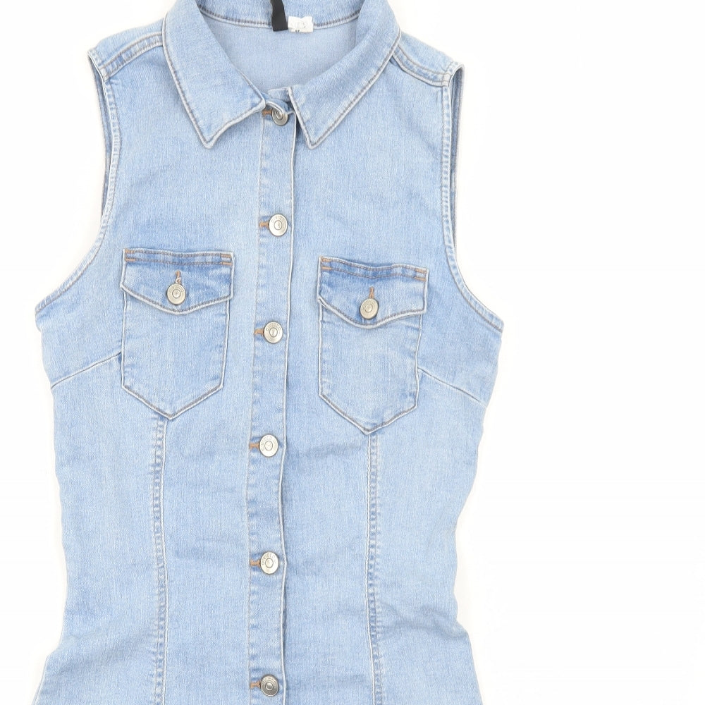H&M Womens Blue Cotton Mini Size 10 Collared Button