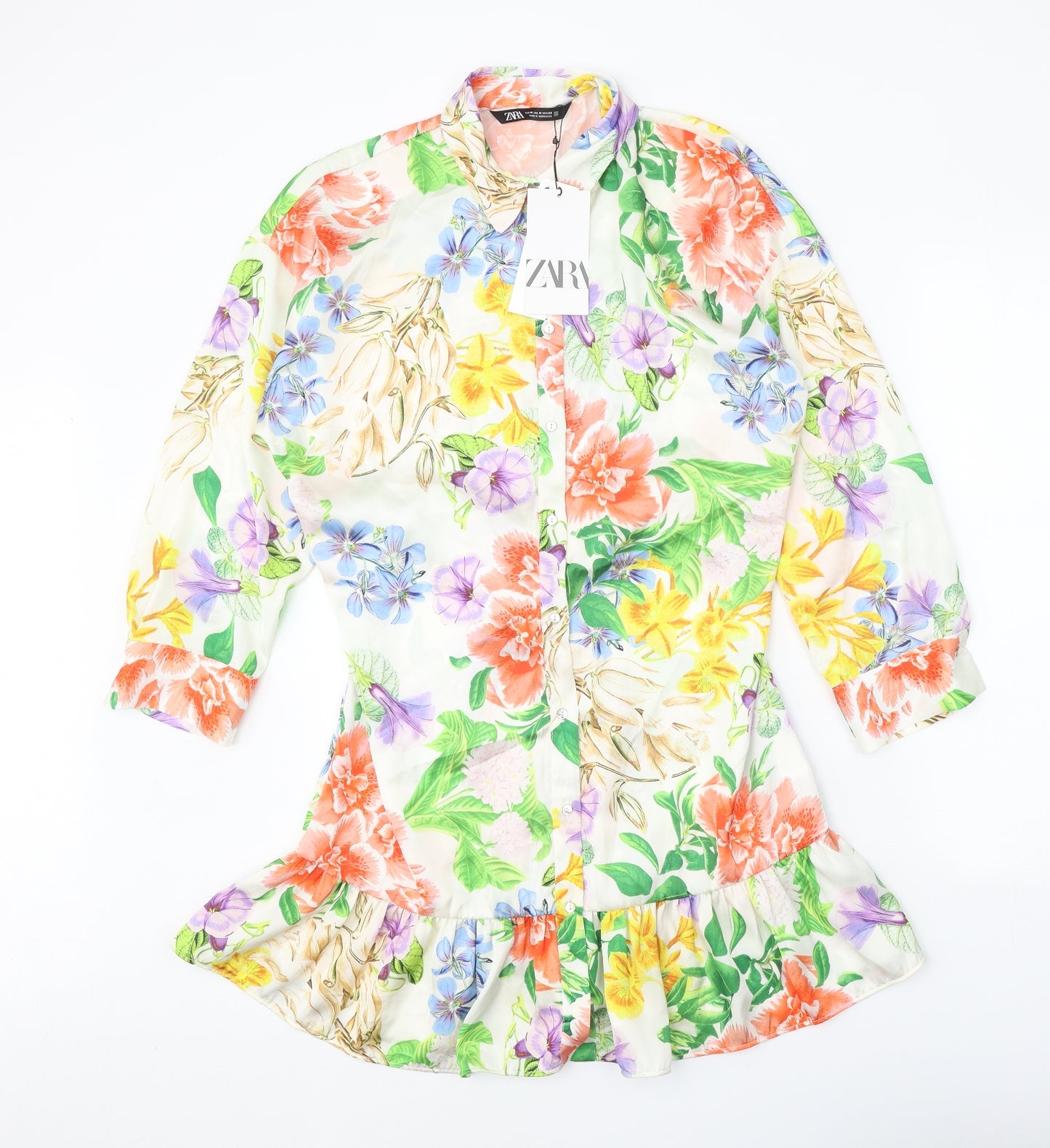 Zara Womens White Floral Polyester Shirt Dress Size M Collared Button
