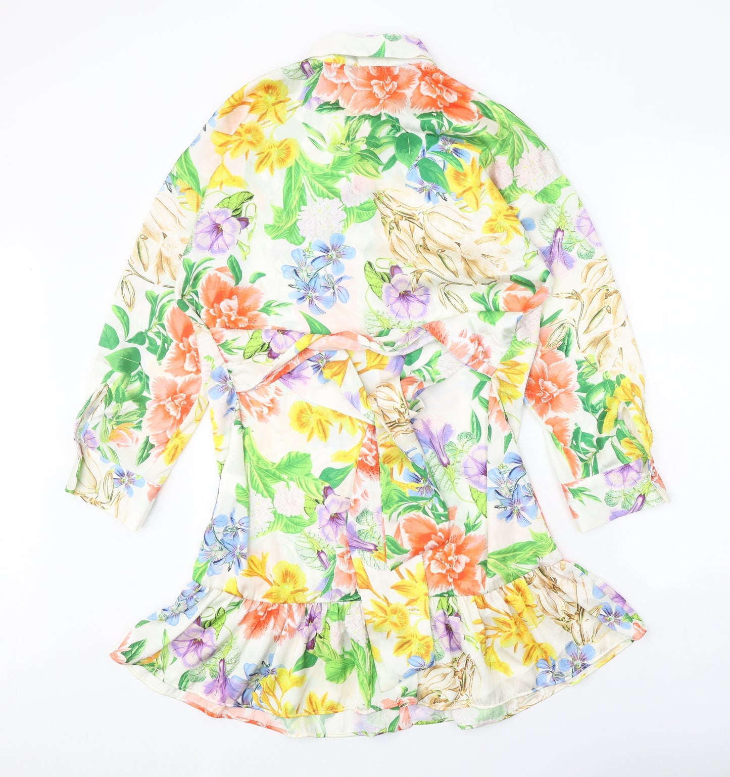 Zara Womens White Floral Polyester Shirt Dress Size M Collared Button