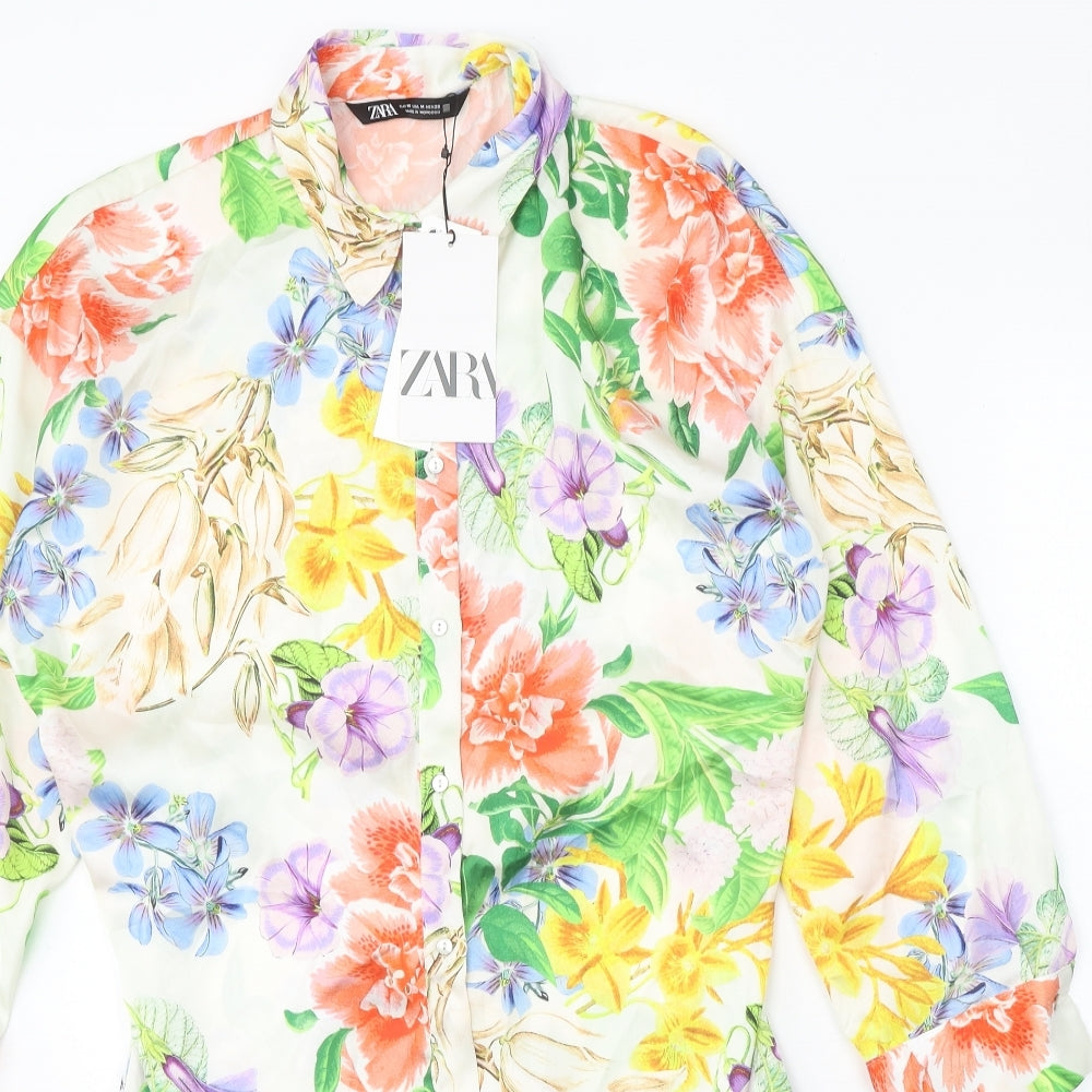 Zara Womens White Floral Polyester Shirt Dress Size M Collared Button