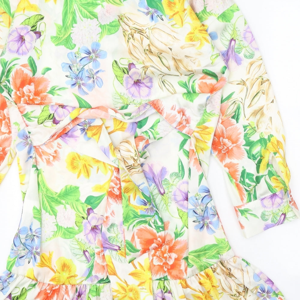 Zara Womens White Floral Polyester Shirt Dress Size M Collared Button