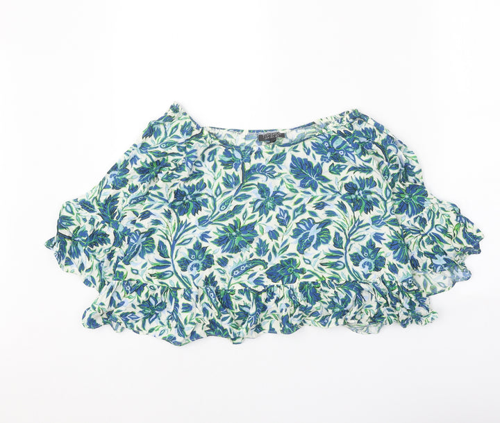 Topshop Womens Blue Floral Viscose Basic Blouse Size 6 Boat Neck