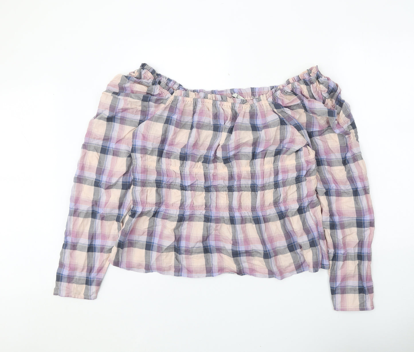 NEXT Womens Purple Plaid 100% Cotton Cropped Blouse Size 20 Off the Shoulder
