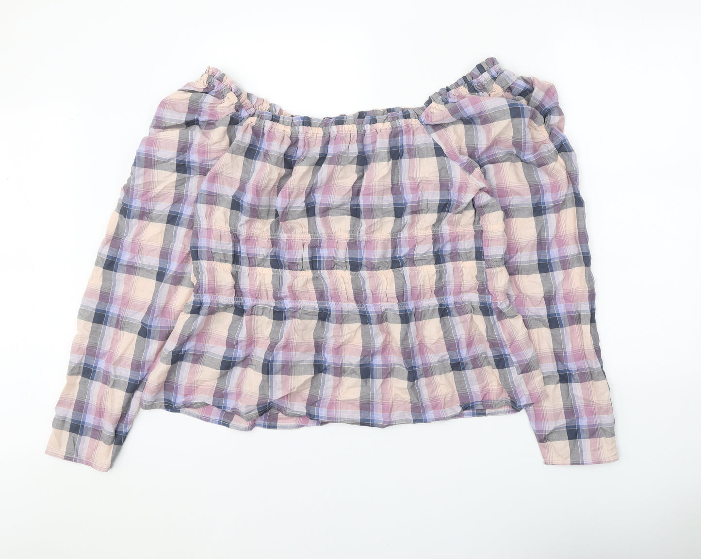 NEXT Womens Purple Plaid 100% Cotton Cropped Blouse Size 20 Off the Shoulder