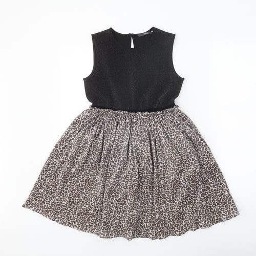 George Girls Black Animal Print Polyester Skater Dress Size 9-10 Years Round Neck Button - Leopard print