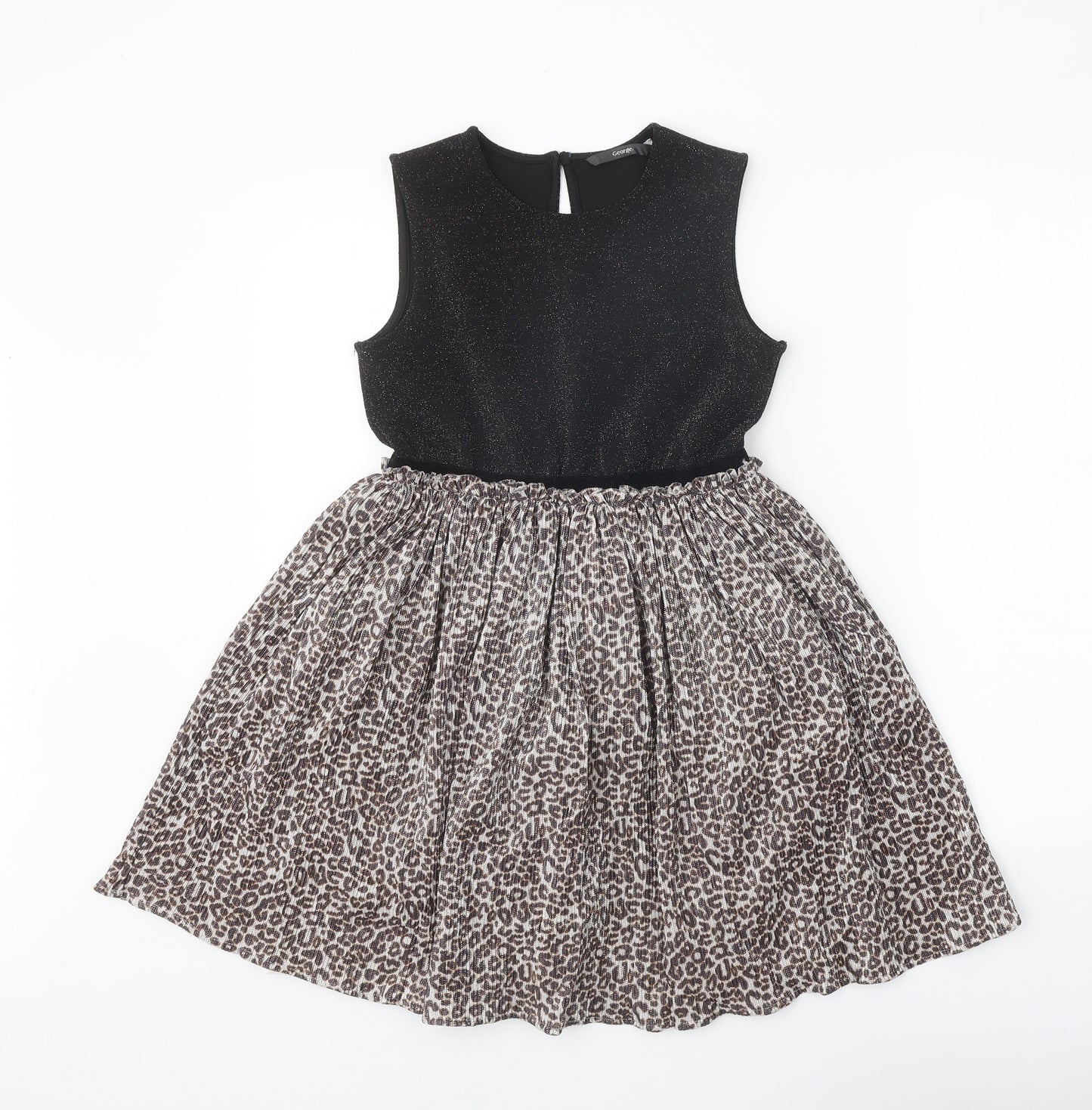 George Girls Black Animal Print Polyester Skater Dress Size 9-10 Years Round Neck Button - Leopard print