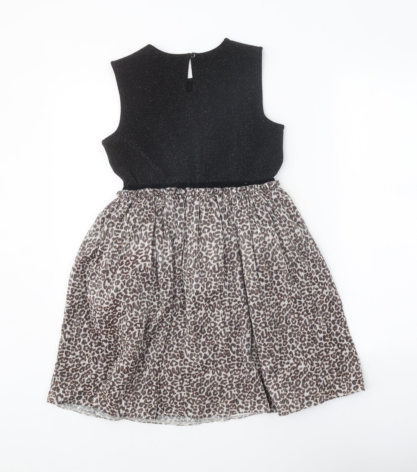 George Girls Black Animal Print Polyester Skater Dress Size 9-10 Years Round Neck Button - Leopard print