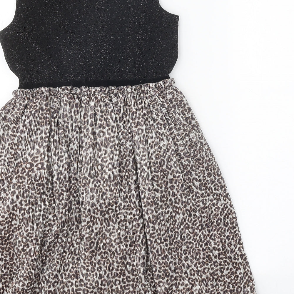 George Girls Black Animal Print Polyester Skater Dress Size 9-10 Years Round Neck Button - Leopard print