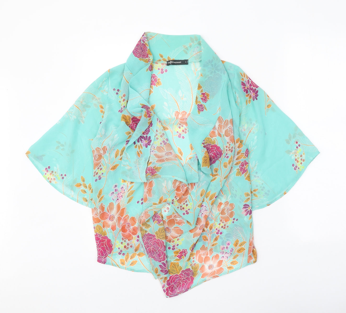 Internacionale Womens Blue Floral Polyester Kimono Blouse Size 6 V-Neck