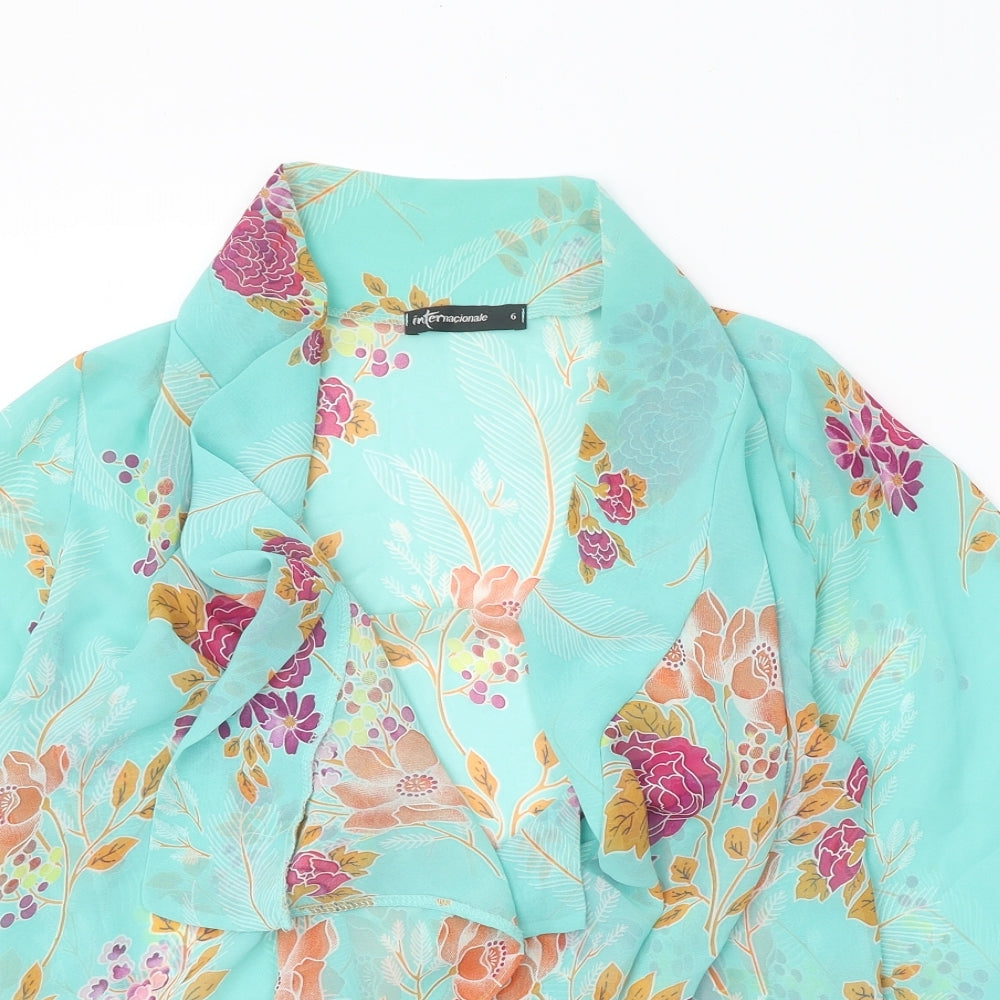 Internacionale Womens Blue Floral Polyester Kimono Blouse Size 6 V-Neck